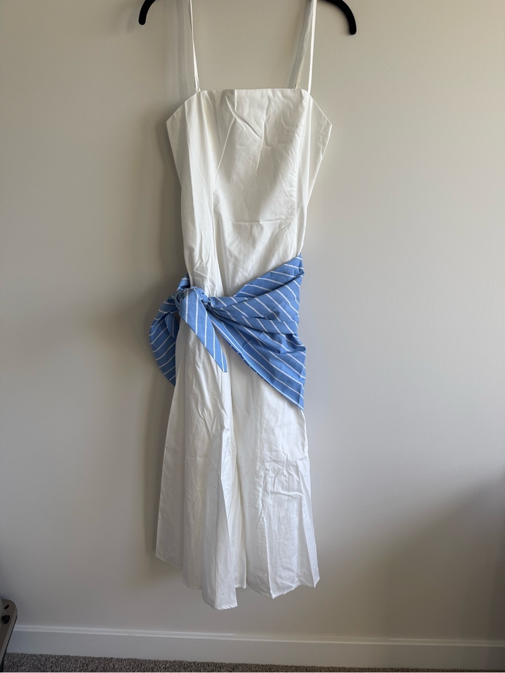 White Spaghetti-Strap Midi Dress with Blue Accent Tie